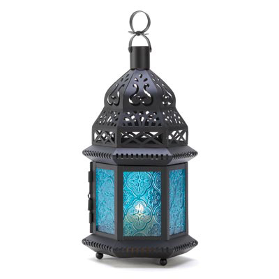 #D1059 Blue Glass Moroccan Candle Lantern
